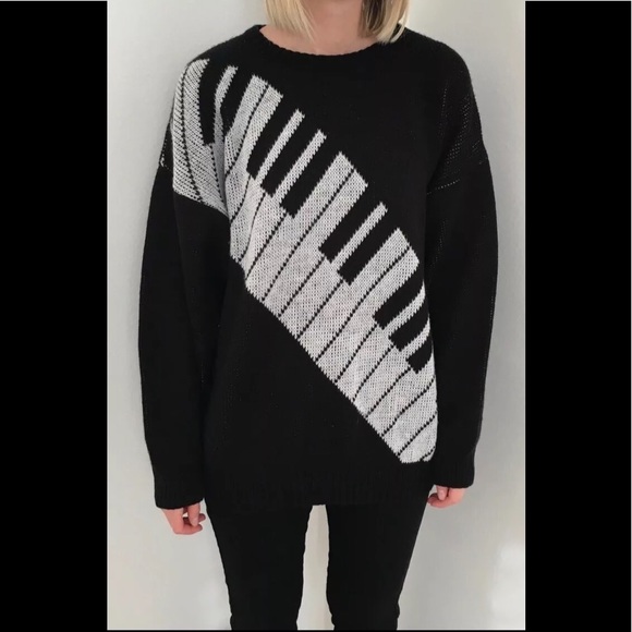 M piano vintage knit sweater black & white music - Picture 1 of 1